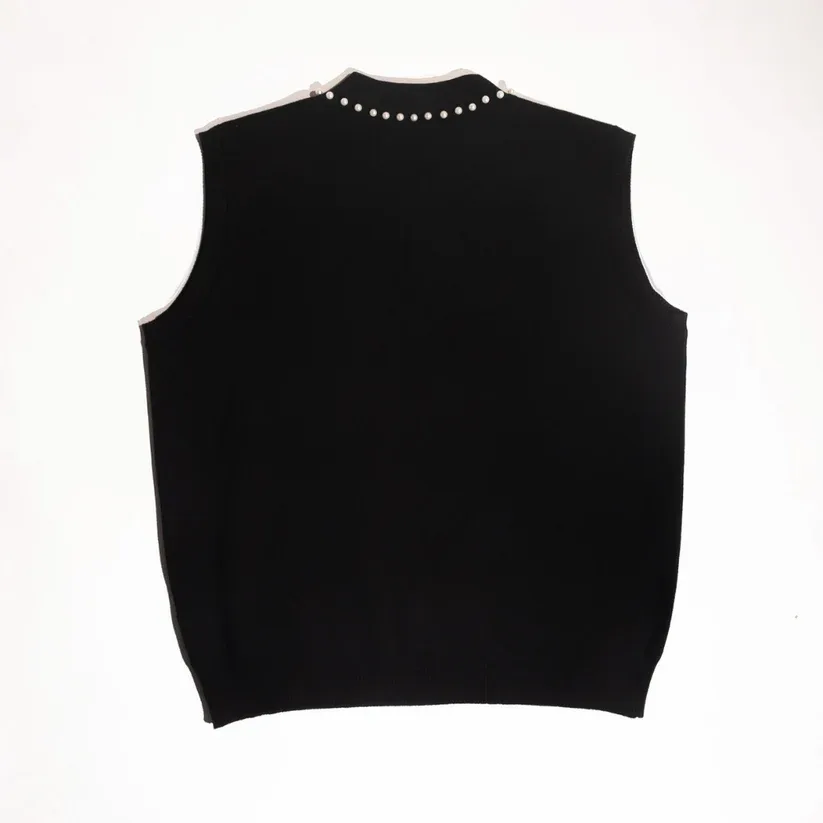 PEARL STUDDED SLEEVELESS POLO- Black