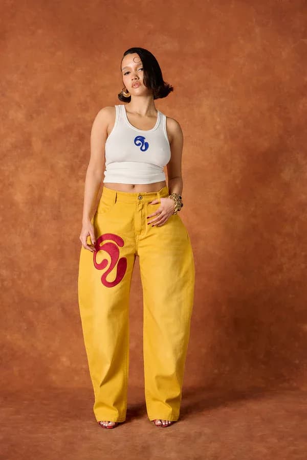 Khala Denim Barrel Leg Logo Embroidered Jeans