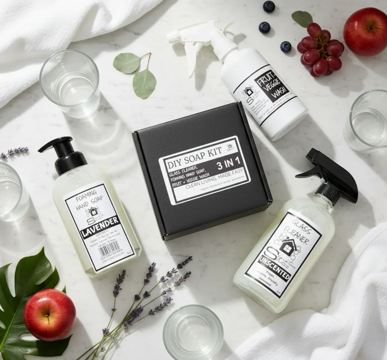 3-in 1 DIY KIT (Glass Cleaner, Fruit & Veggie Wash, Liquid Hand Soap)