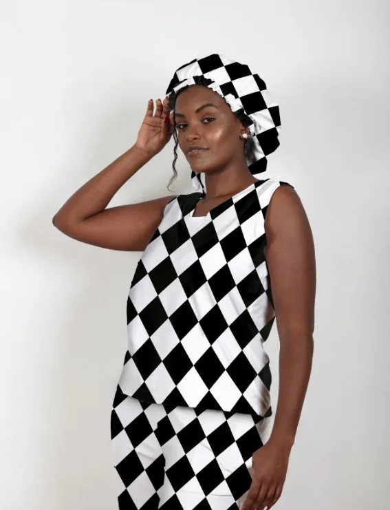 Black & White Diamonds - Bamboo Tank Top Pajama Pants Set, With A Matching Satin-Lined Bonnet
