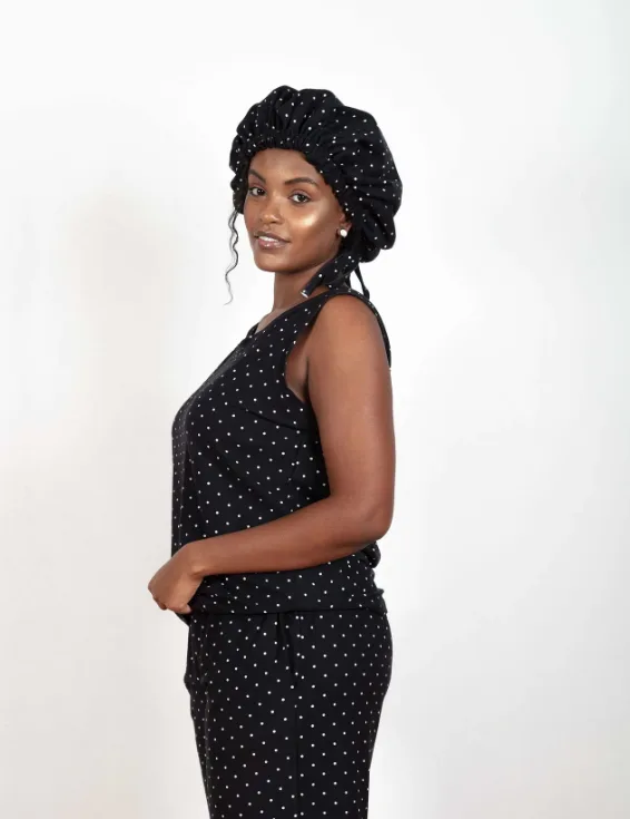 Black & White Polka Dot - Bamboo Tank Top, Pajama Pants Set, With A Matching Satin-Lined Bonnet