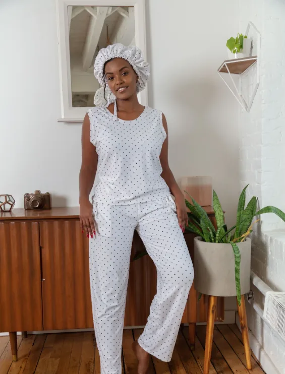 White & Black Polka Dot - Bamboo Tank Top Long Pajama Pants Set, With A Matching Satin-Lined Bonnet