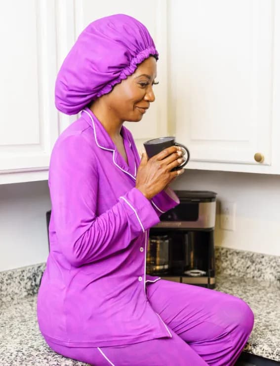 Purple Passion - Bamboo Pajama Pants Set, With A Matching Satin-Lined Bonnet