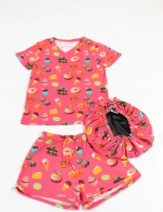 Sweet Tooth - Bamboo Pajama Shorts Set, With A Matching Satin-Lined Bonnet