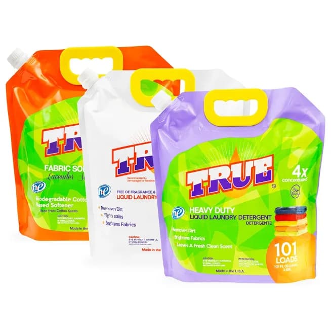 1 True Laundry Detergent • 1 Free & Clear Laundry Detergent • 1 Plant Based Fabric Softener
