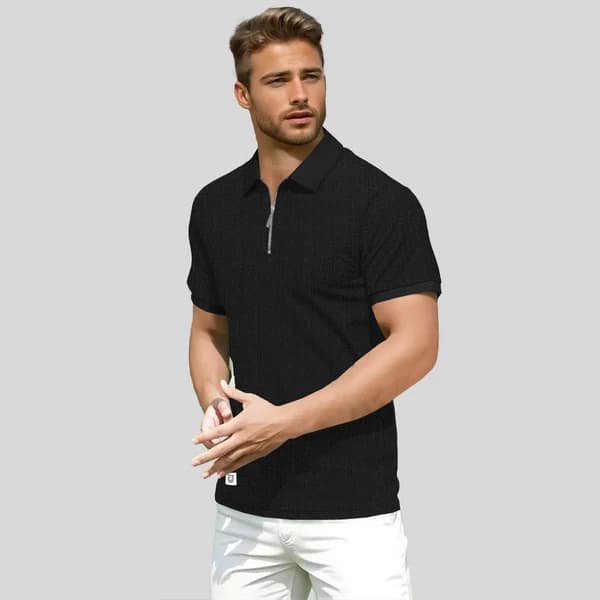 Jupiter Self Textured Knitted Super Soft Zip Neck Polos For Men